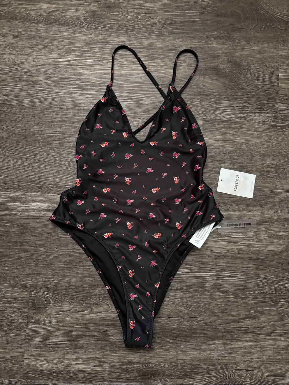 Forever 21 Black One-Piece Swimsuit with Pink & Red Floral Print